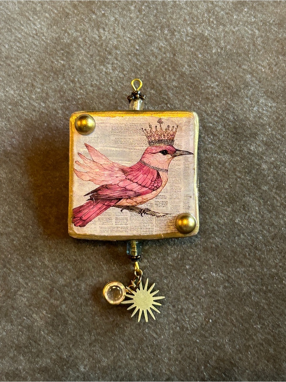 Handcrafted Pink Bird Pendant /Brooch with Gold Accents -